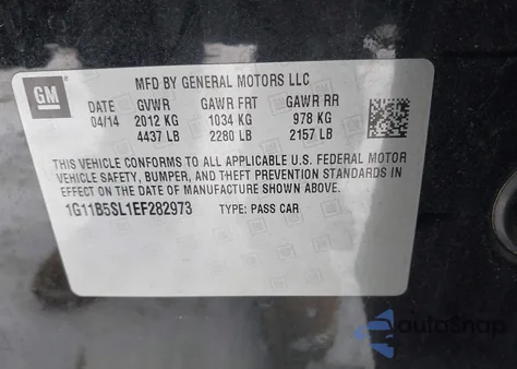 2014 Chevrolet Malibu 1Ls z USA, uszkodzony, nr VIN 1G11B5SL1EF282973